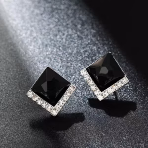 Bông Tai Nụ Vuông Đá Đen Bọc Bạc Ta Cao Cấp - Thắng Giang