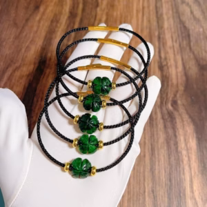 Vòng Tay Cỏ Bốn Lá Ngọc Cẩm Thạch Sơn Thủy Lên Dây Cáp Đen - Thắng Giang