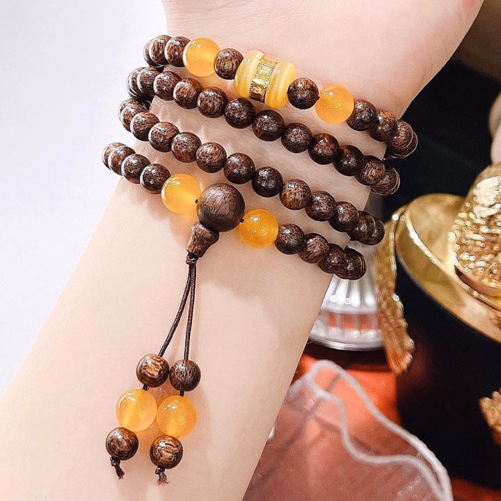 Vòng Tay Trầm Hương Tốc Thiên Nhiên 108 Hạt Phối Lu Thống Giác Vàng 24Kara - Thắng Giang - Ảnh 14
