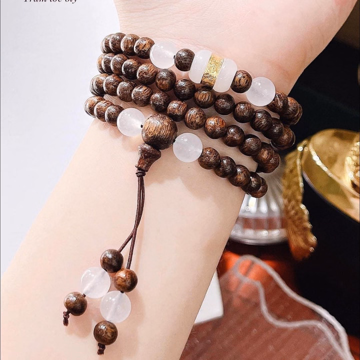 Vòng Tay Trầm Hương Tốc Thiên Nhiên 108 Hạt Phối Lu Thống Giác Vàng 24Kara - Thắng Giang - Ảnh 16