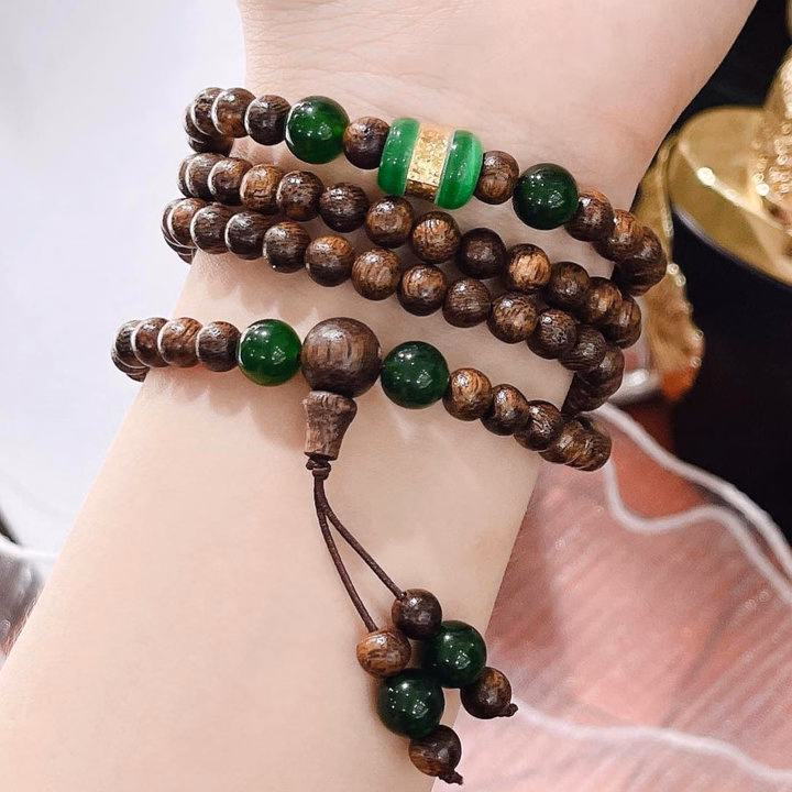 Vòng Tay Trầm Hương Tốc Thiên Nhiên 108 Hạt Phối Lu Thống Giác Vàng 24Kara - Thắng Giang - Ảnh 19