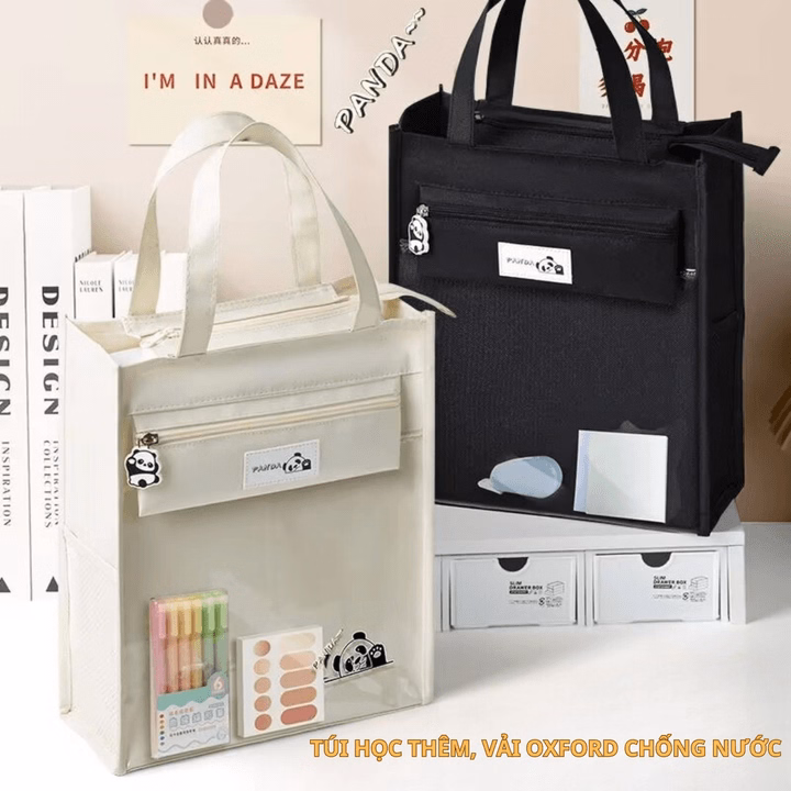 Túi Học Thêm, Phụ Đạo Hình Gấu Panda, Vải Oxford Chống Nước, Nhiều Ngăn, Tặng Kèm Móc Khóa Gấu Ch148 - Bh Kids