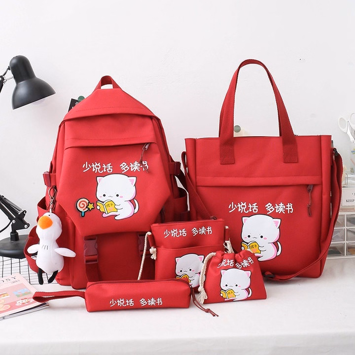 Set Balo 4 Món Mèo Đọc Sách Size Lớn Vừa A4 Ts2154- Sam Store
