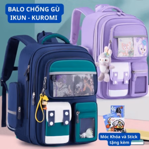 Balo Chống Gù Ikun - Kuromi Cho Bé Trai, Bé Gái Từ Lớp 1- Lớp 6, Chất Liệu Polyester Chống Thấm Nước, Lớp Lót Vải D600 Phản Quang Phát Sáng Ban Đêm - Bh Kids