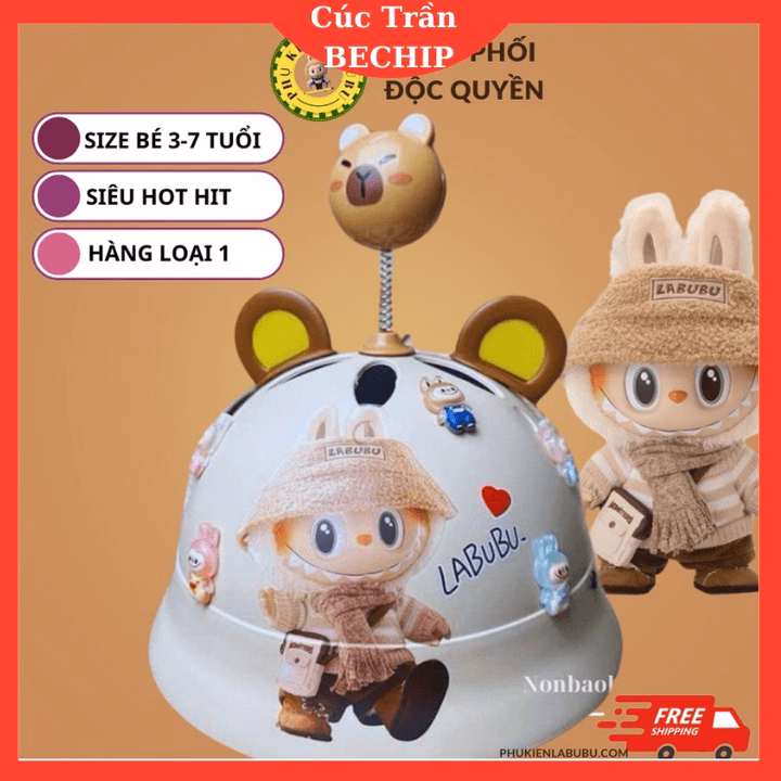 Mũ Bảo Hiểm Labubu Cho Bé Tặng Kèm Charm Dễ Thương, Nón Bảo Hiểm Vành Tròn Gắn Tai Thỏ Ctb803- Bechip