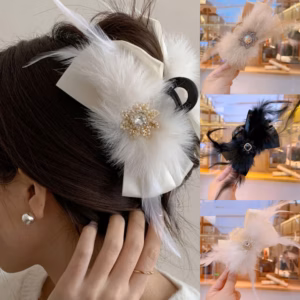 Kẹp Tóc Nơ Lớn Phối Lông Vũ Đính Đá Thanh Lịch Cho Nữ-Dâu Shop