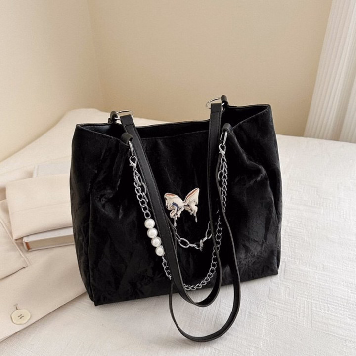 Túi Xách Nữ Công Sở Da Nhung Mác Bướm Phối Xích Hoa Hạt Ngọc W635 - Winnie House - Ảnh 5