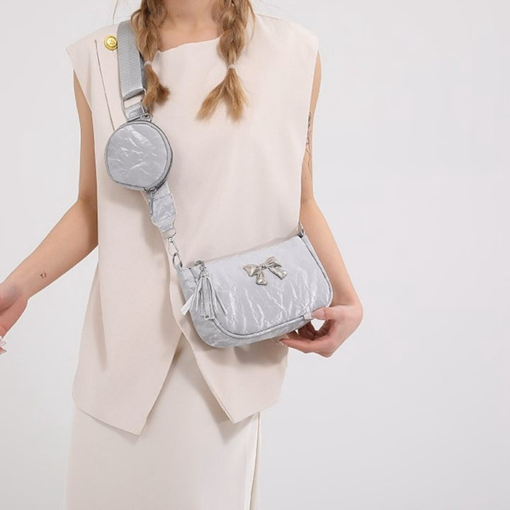Túi Da Nhung Gắn Nơ Bạc – Nhỏ Nhưng Siêu Xinh, Tặng Kèm Ví Treo W649 - Winnie House - Ảnh 8