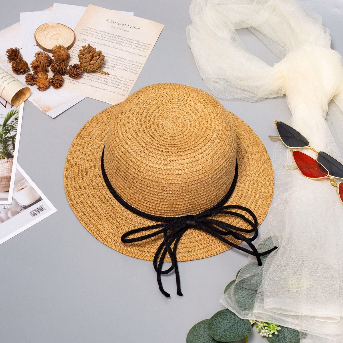 Nón Cói Đi Biển Cá Tính Dây Buộc Nơ Cs001 - Cói Su - Ảnh 3