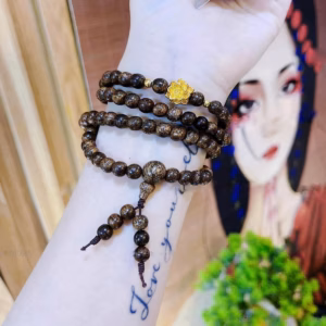 Vòng Tay Trầm Hương Tốc Thiên Nhiên Kết Sen Bạc Ta Xi Vàng 108 Hạt 6 Ly - Thắng Giang