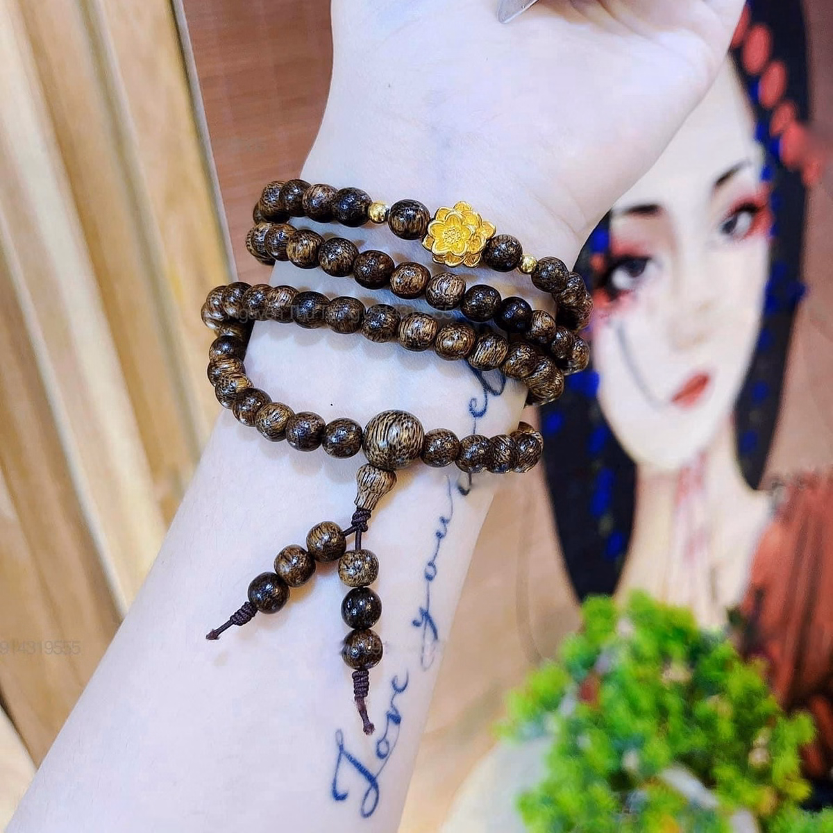 Vòng Tay Trầm Hương Tốc Thiên Nhiên Kết Sen Bạc Ta Xi Vàng 108 Hạt 6 Ly - Thắng Giang