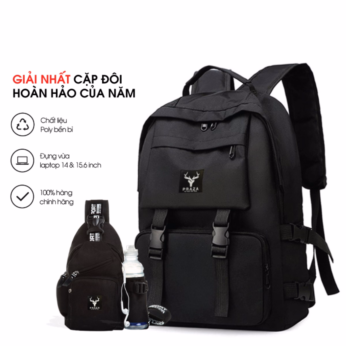 Bộ Balo Ulzzang Hàn Quốc Và Túi Đeo Mini Bl185Dc108 (Đen) - Praza