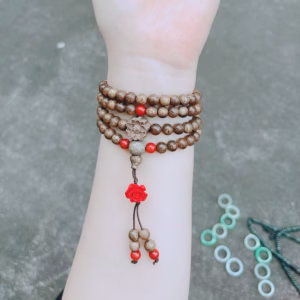 Vòng Tay Trầm Hương Tốc Thiên Nhiên Phối Sen, Hoa Mẫu Đơn Chu Sa Đỏ - Thắng Giang