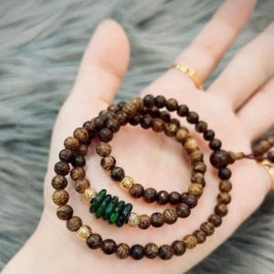 Vòng Tay Trầm Hương Dó Dây Indo Phối Ngũ Điếu Ngọc Cẩm Thạch Sơn Thủy Thiên Nhiên, Bi Vàng Tây 10 Kara - Thắng Giang