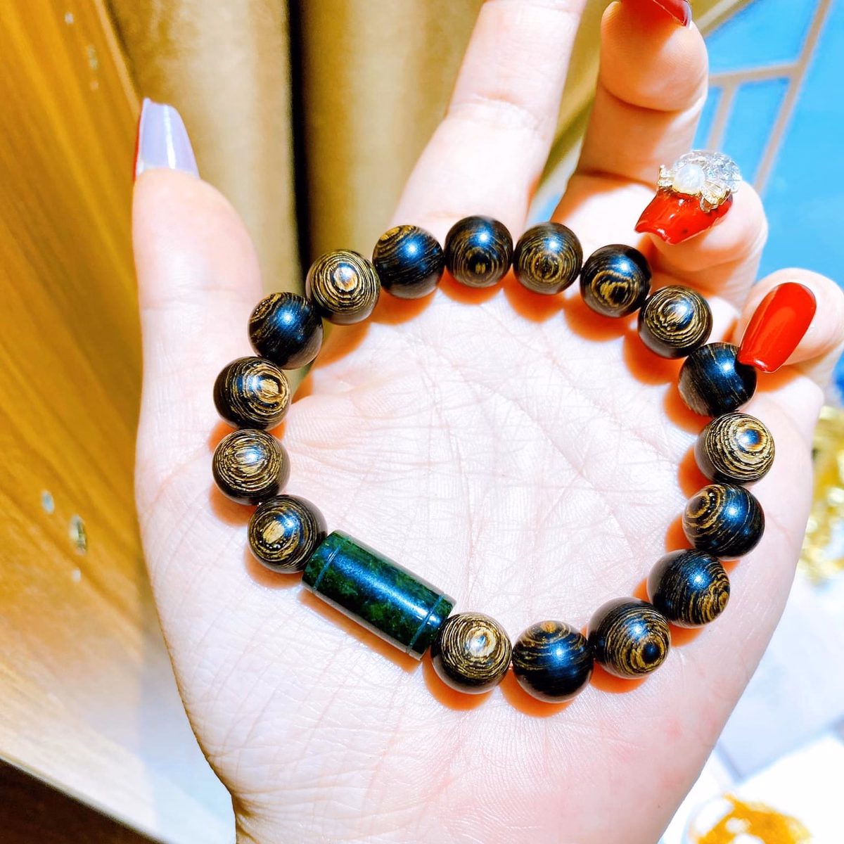 Vòng Tay Trầm Hương Sánh Phối Lu Thống Ngọc Cẩm Thạch Sơn Thuỷ Thiên Nhiên 8 Ly - Thắng Giang - Ảnh 5