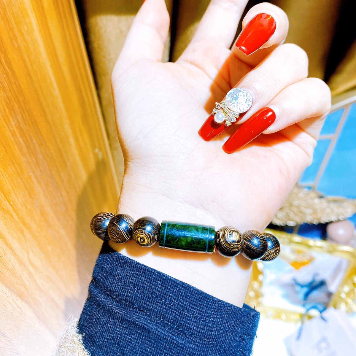 Vòng Tay Trầm Hương Sánh Phối Lu Thống Ngọc Cẩm Thạch Sơn Thuỷ Thiên Nhiên 8 Ly - Thắng Giang - Ảnh 6