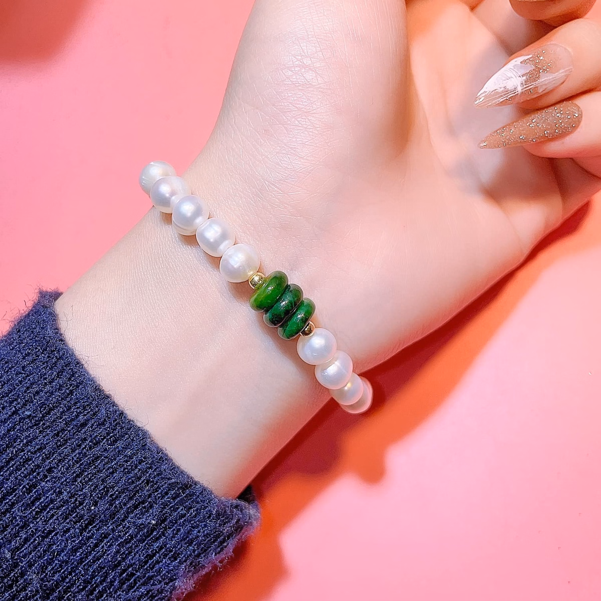 Vòng Tay Ngọc Trai Nuôi Nước Ngọt Thiên Nhiên Phối Tam Điếu Ngọc Cẩm Thạch Sơn Thủy - Thắng Giang