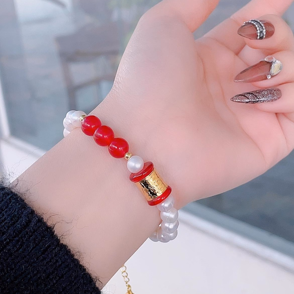 Vòng Tay Ngọc Trai Nuôi Nước Ngọt Thiên Nhiên Phối Lu Thống Đá Phong Thủy - Thắng Giang