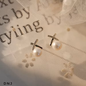 Bông Tai Bạc Ta, Bạc Xi Vàng Hình Chữ X Gắn Trai San Hô - Thắng Giang