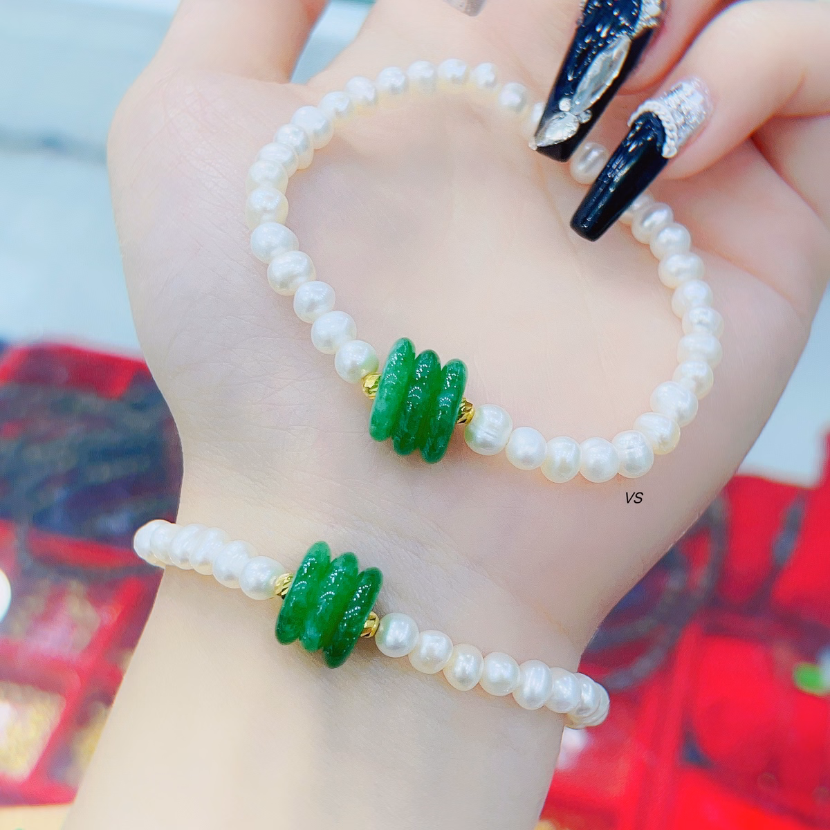 Vòng Tay Ngọc Trai Nuôi Nước Ngọt Thiên Nhiên Phối Tam Điếu Ngọc Cẩm Thạch - Thắng Giang - Ảnh 2