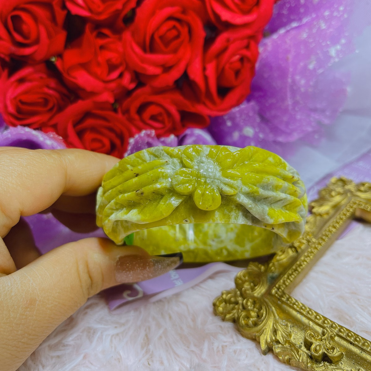 Vòng Tay Đá Serpentine Vàng Trạm Khắc Hoa Ni 56 Thiên Nhiên - Thắng Giang - Ảnh 3