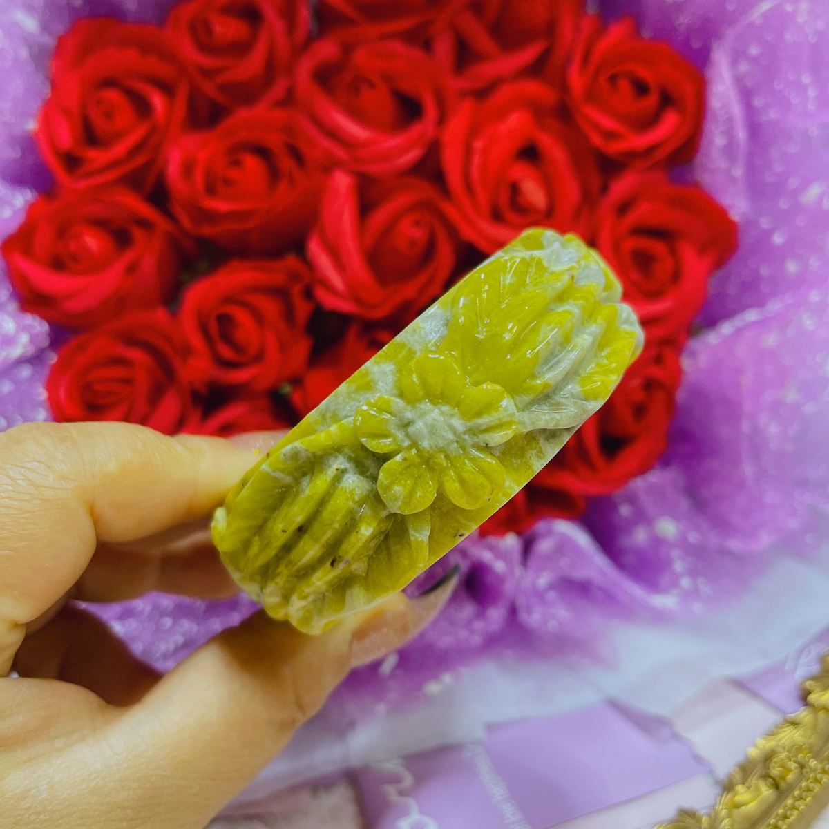 Vòng Tay Đá Serpentine Vàng Trạm Khắc Hoa Ni 56 Thiên Nhiên - Thắng Giang - Ảnh 4