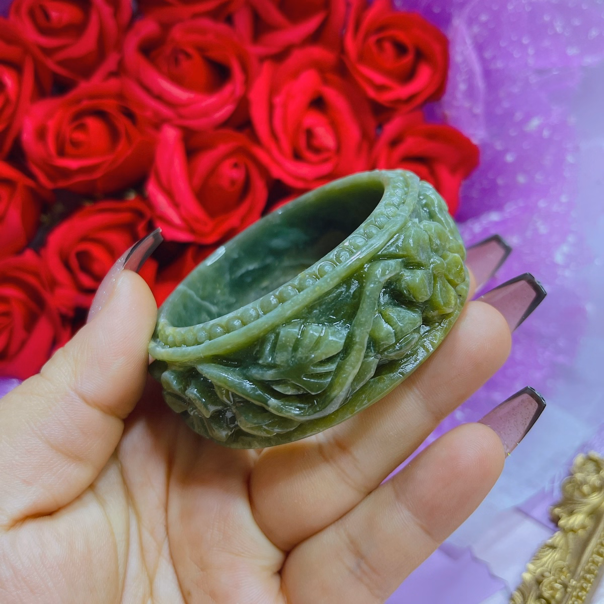 Vòng Tay Đá Serpentine Xanh Khắc Hoa Thiên Nhiên - Thắng Giang