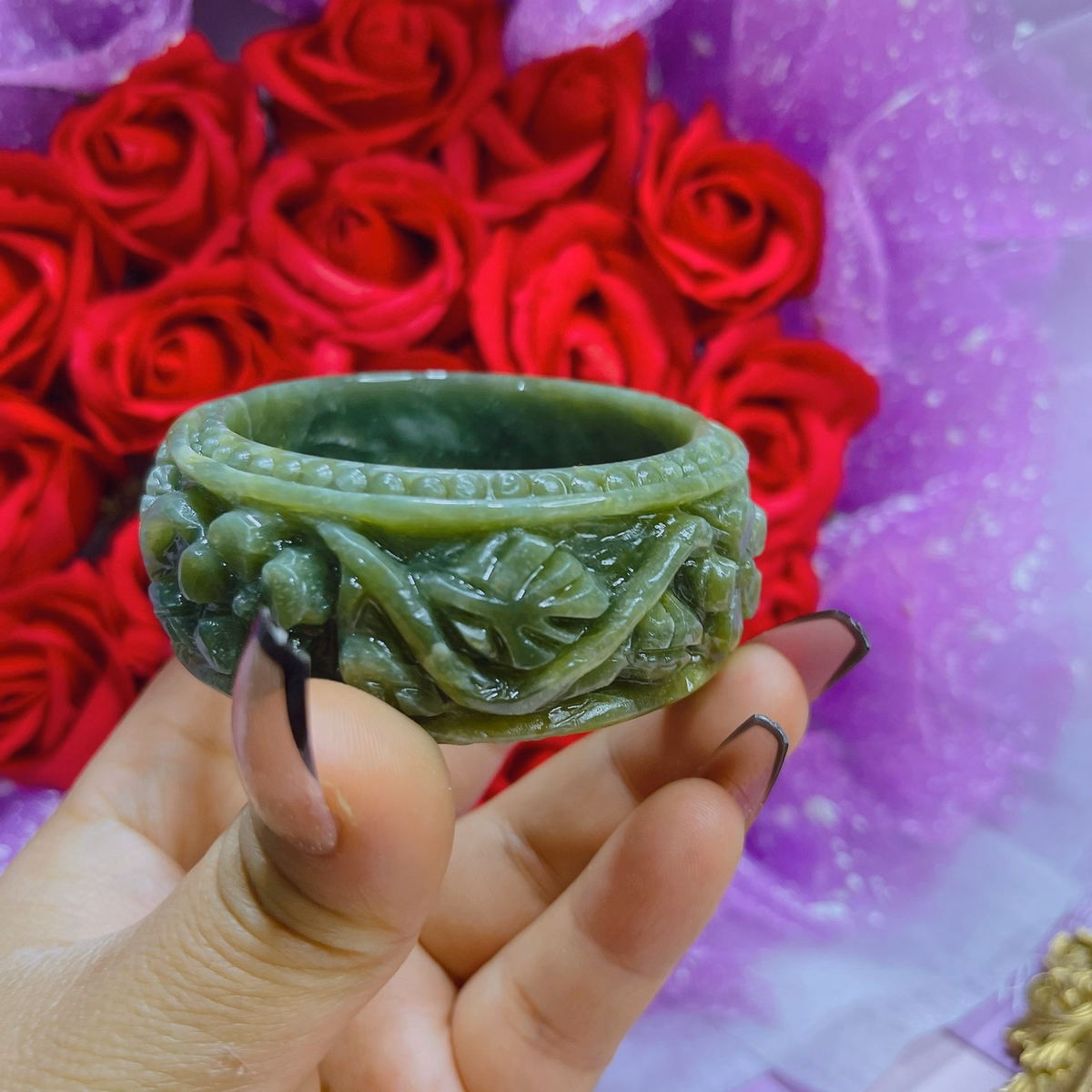 Vòng Tay Đá Serpentine Xanh Khắc Hoa Thiên Nhiên - Thắng Giang - Ảnh 2