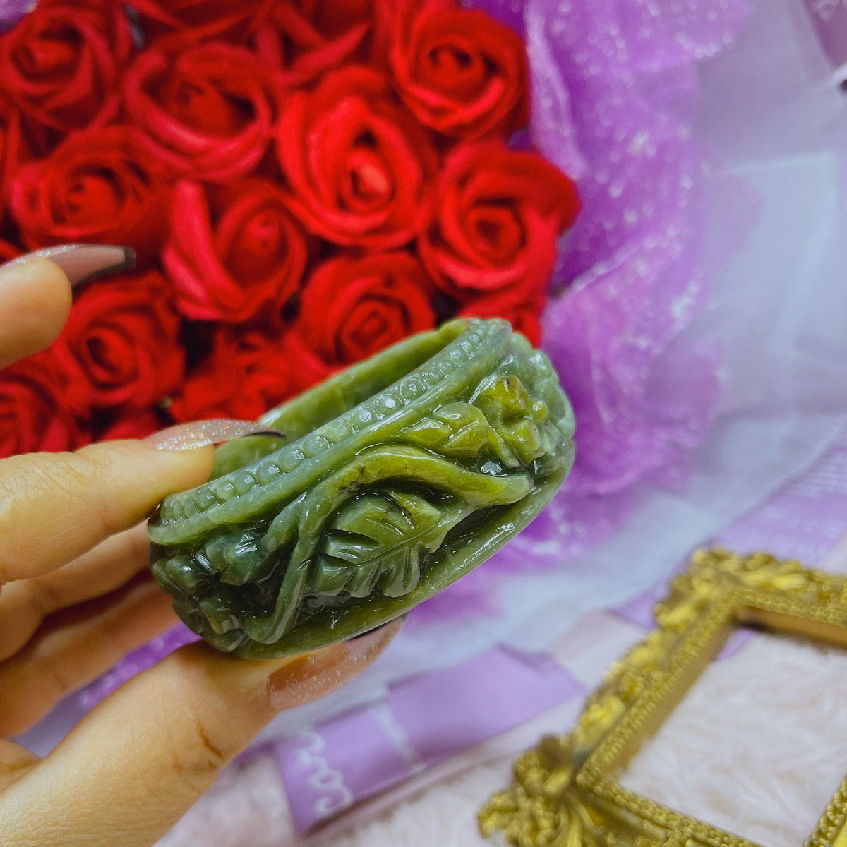 Vòng Tay Đá Serpentine Xanh Khắc Hoa Thiên Nhiên - Thắng Giang - Ảnh 3