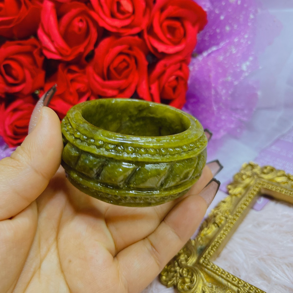 Vòng Tay Bản Cối Serpentine Thiên Nhiên Chạm Khắc Thủ Công - Thắng Giang