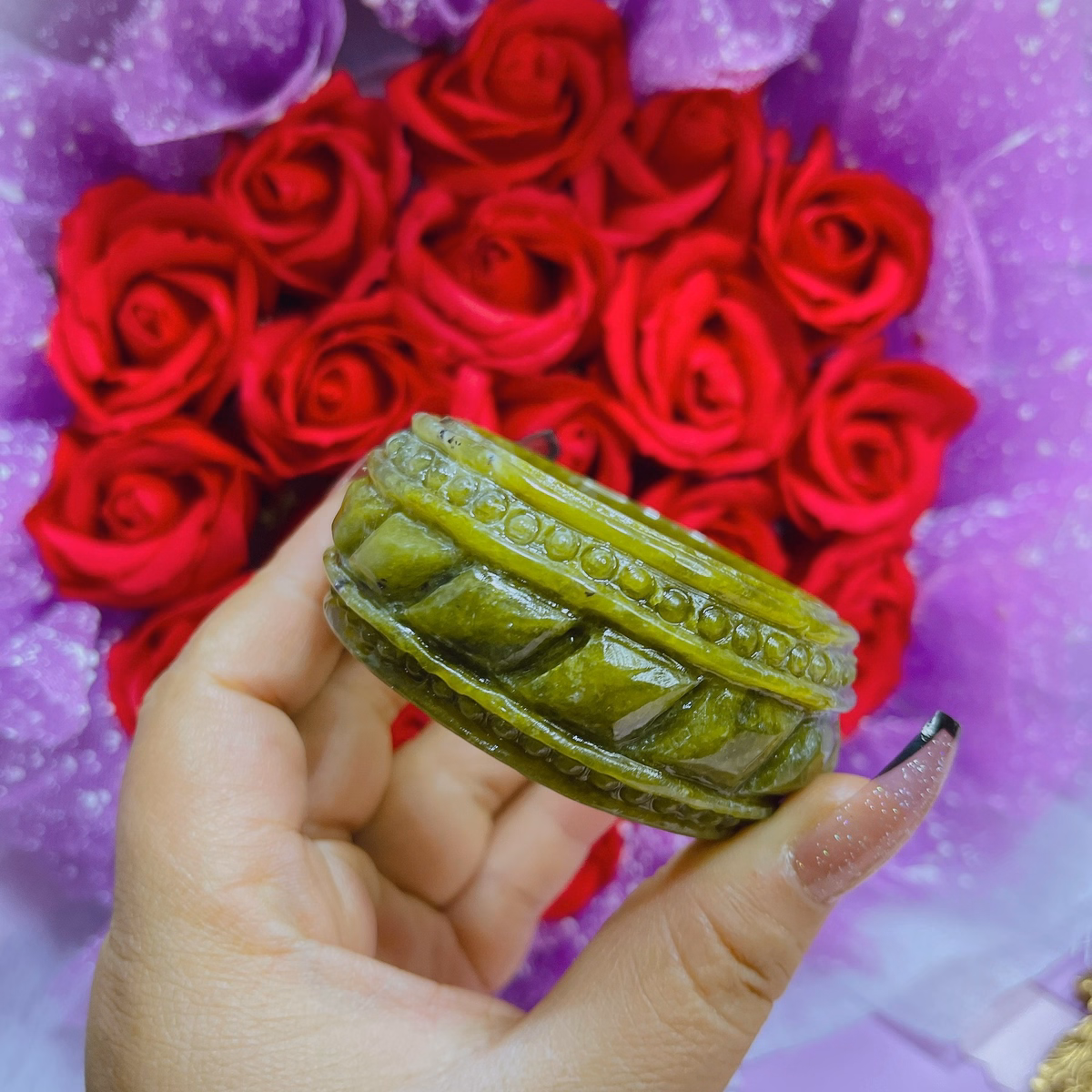 Vòng Tay Bản Cối Serpentine Thiên Nhiên Chạm Khắc Thủ Công - Thắng Giang - Ảnh 2