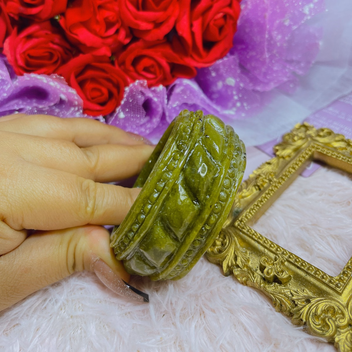 Vòng Tay Bản Cối Serpentine Thiên Nhiên Chạm Khắc Thủ Công - Thắng Giang - Ảnh 3