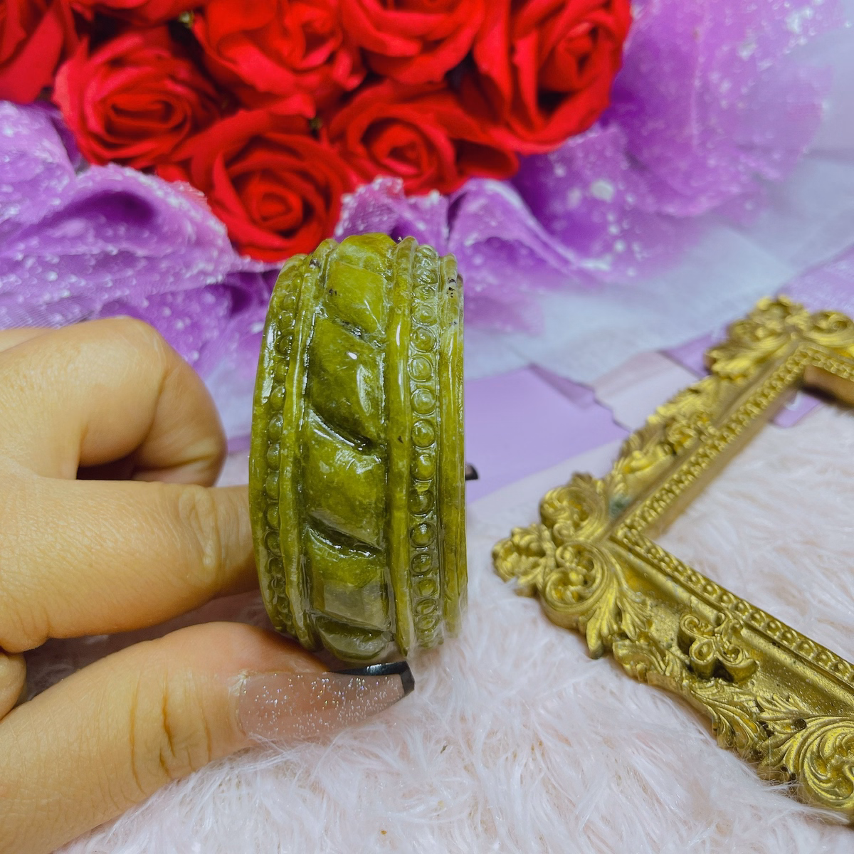 Vòng Tay Bản Cối Serpentine Thiên Nhiên Chạm Khắc Thủ Công - Thắng Giang - Ảnh 4