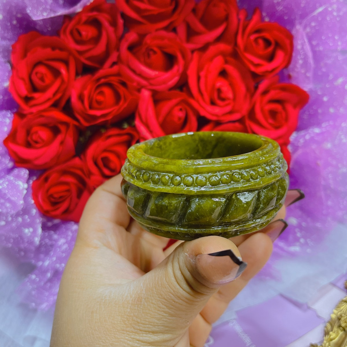 Vòng Tay Bản Cối Serpentine Thiên Nhiên Chạm Khắc Thủ Công - Thắng Giang - Ảnh 5