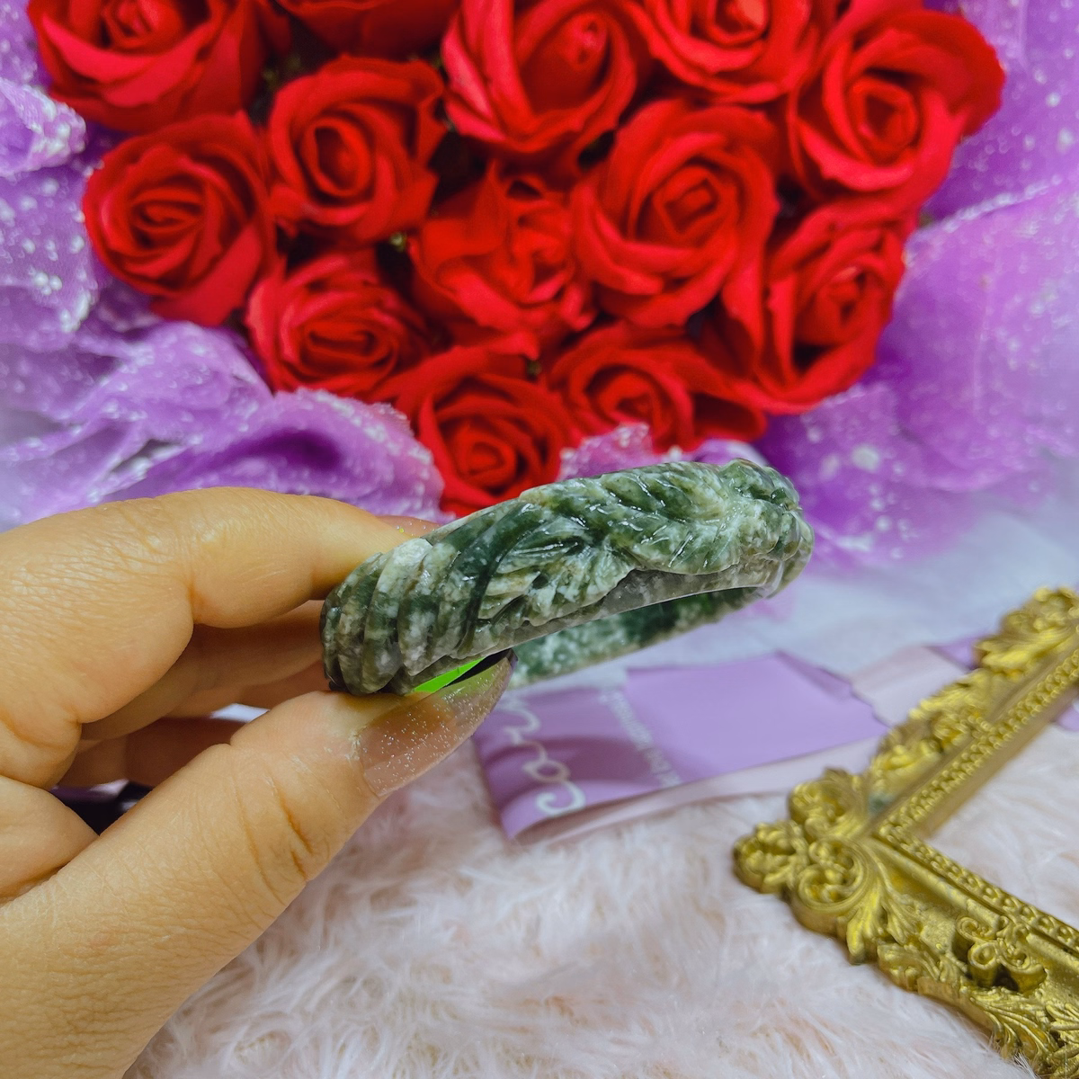 Vòng Tay Đá Serpentine Xanh Trạm Khắc Hoa Văn Thiên Nhiên - Thắng Giang - Ảnh 2