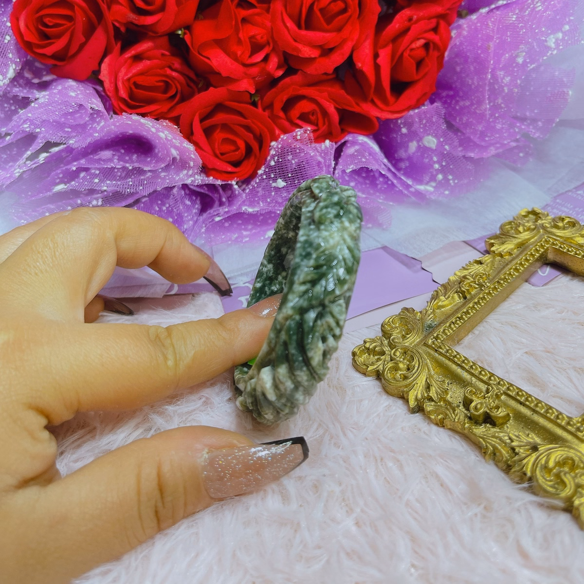 Vòng Tay Đá Serpentine Xanh Trạm Khắc Hoa Văn Thiên Nhiên - Thắng Giang - Ảnh 3