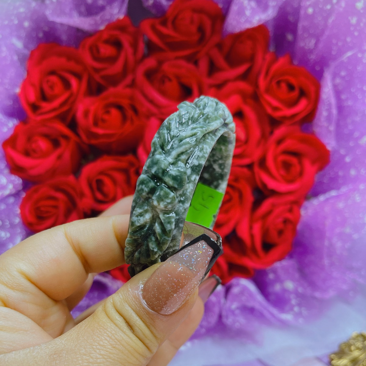 Vòng Tay Đá Serpentine Xanh Trạm Khắc Hoa Văn Thiên Nhiên - Thắng Giang - Ảnh 4