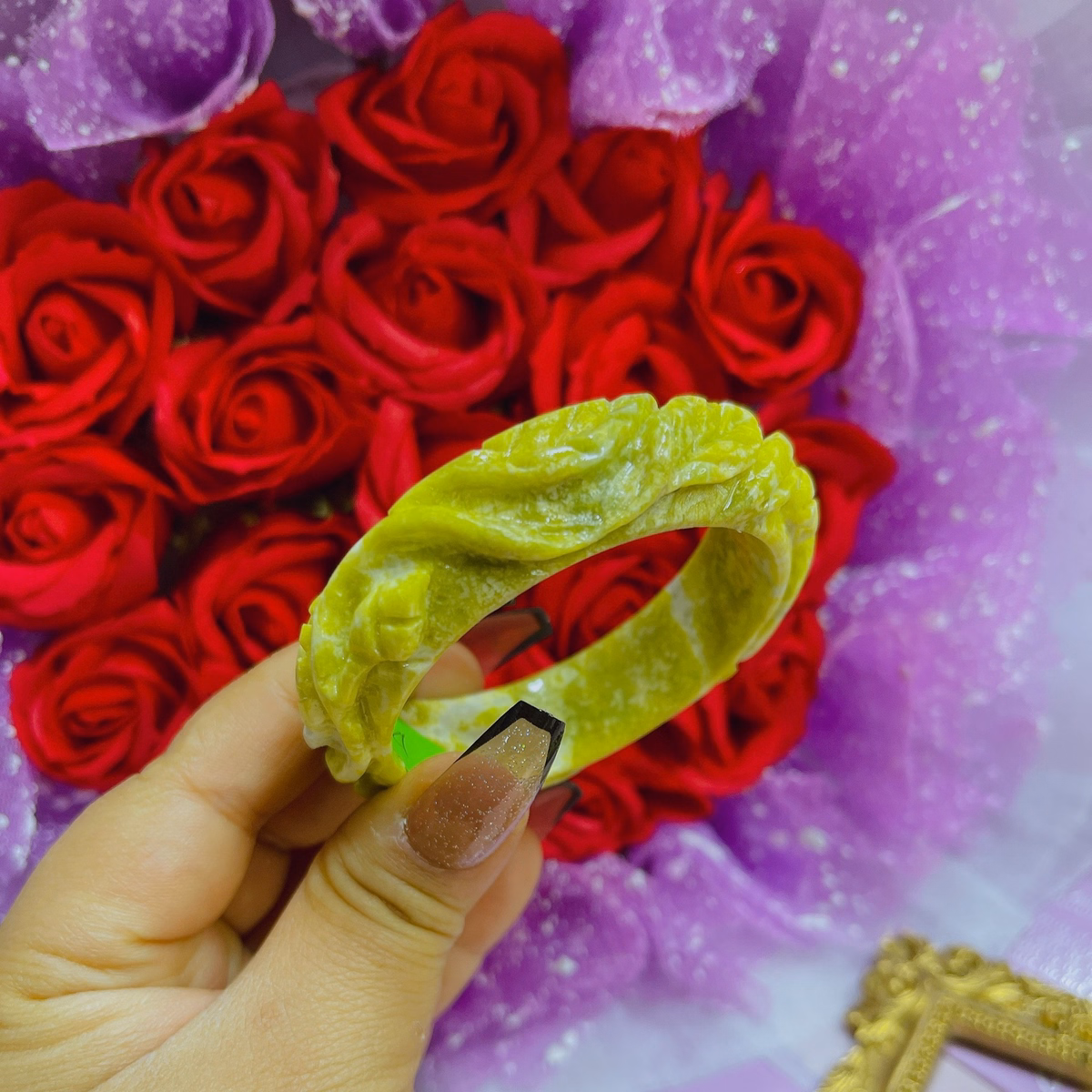 Vòng Tay Đá Serpentine Vàng Trạm Khắc Hoa Văn Thiên Nhiên - Thắng Giang