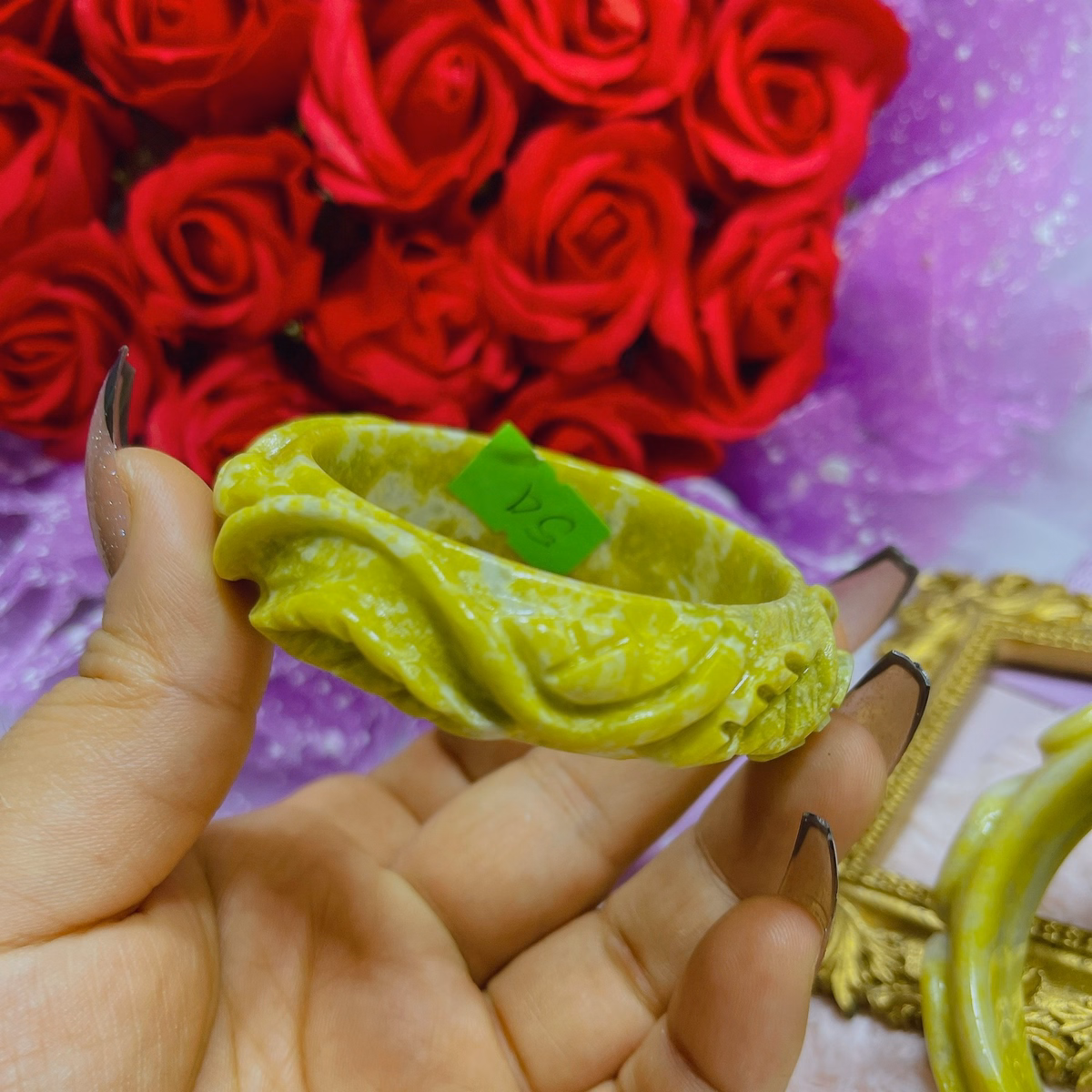 Vòng Tay Đá Serpentine Vàng Trạm Khắc Hoa Văn Thiên Nhiên - Thắng Giang - Ảnh 2