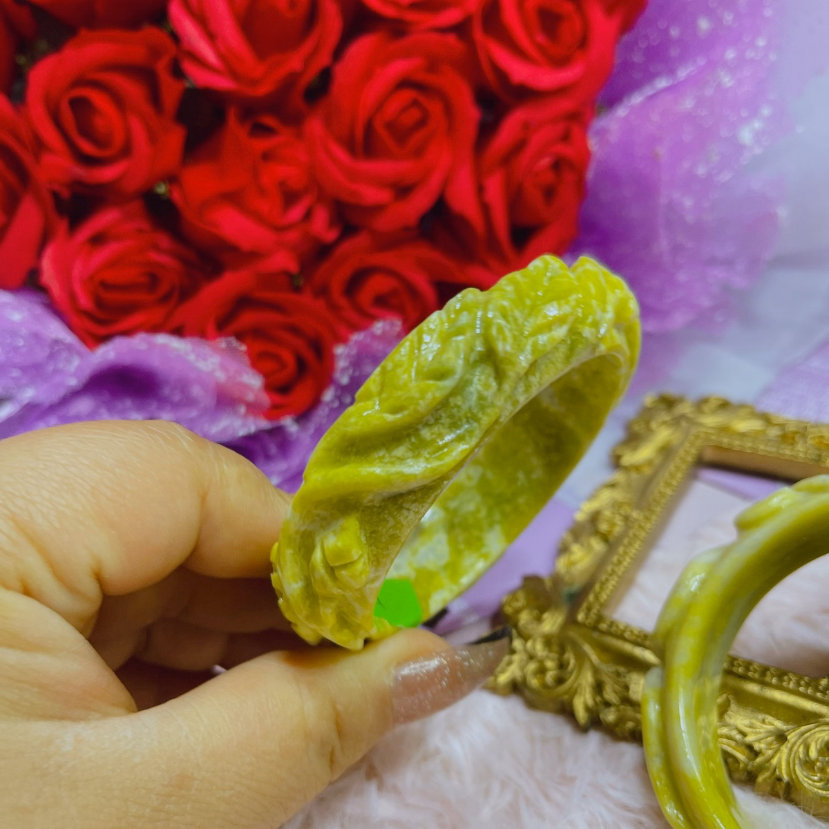 Vòng Tay Đá Serpentine Vàng Trạm Khắc Hoa Văn Thiên Nhiên - Thắng Giang - Ảnh 3