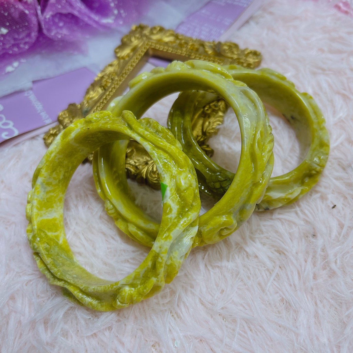 Vòng Tay Đá Serpentine Vàng Trạm Khắc Hoa Văn Thiên Nhiên - Thắng Giang - Ảnh 5