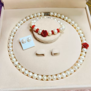 Bộ Trang Sức Ngọc Trai Nuôi Thiên Nhiên Phối Hoa Mẫu Đơn Chu Sa - Thắng Giang