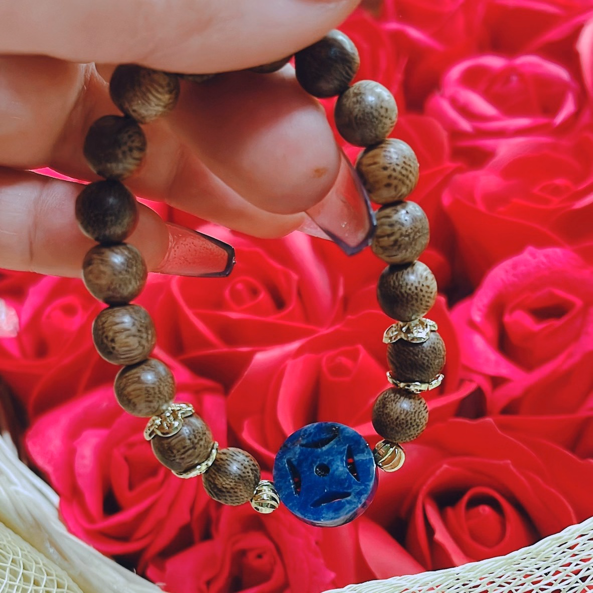 Vòng Tay Trầm Hương Tốc Phối Xu Kim Tiền Đá Lapiz Thiên Thanh Thiên Nhiên - Thắng Giang - Ảnh 3