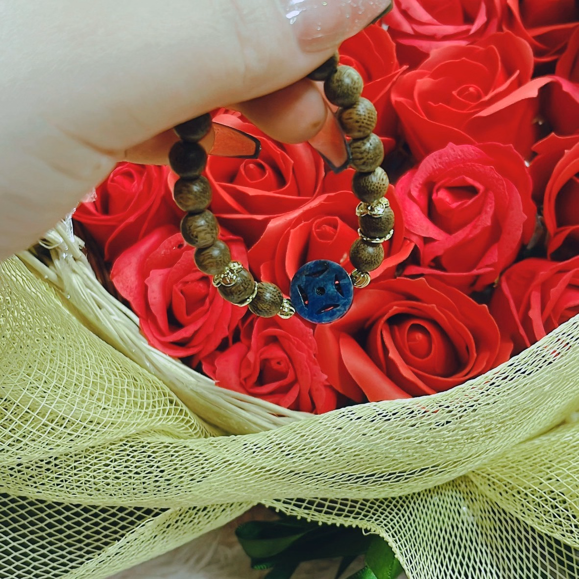 Vòng Tay Trầm Hương Tốc Phối Xu Kim Tiền Đá Lapiz Thiên Thanh Thiên Nhiên - Thắng Giang - Ảnh 4