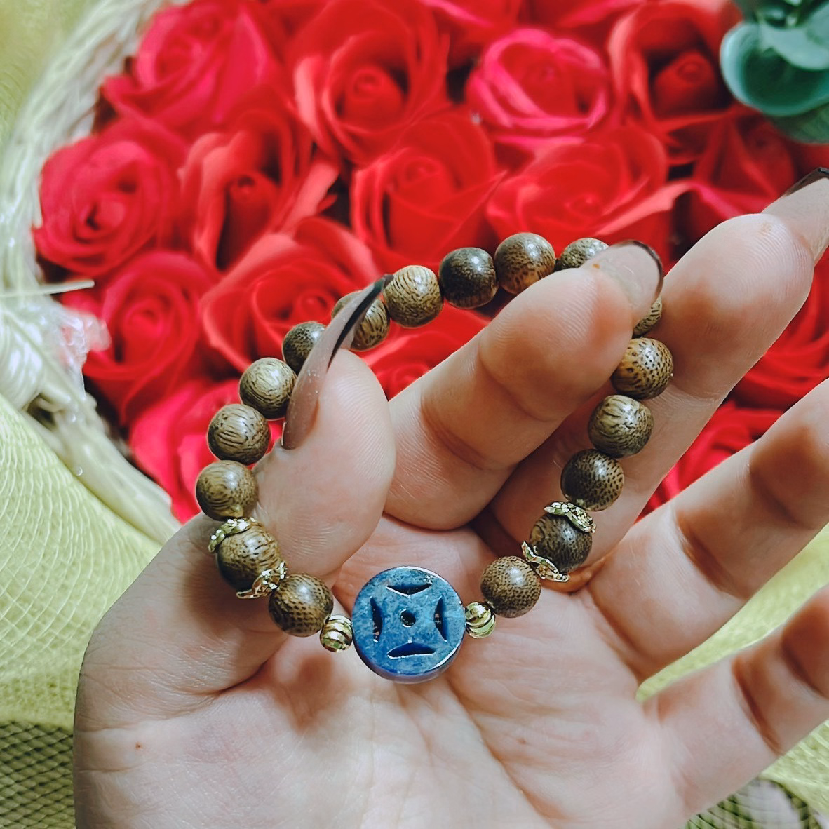 Vòng Tay Trầm Hương Tốc Phối Xu Kim Tiền Đá Lapiz Thiên Thanh Thiên Nhiên - Thắng Giang - Ảnh 5