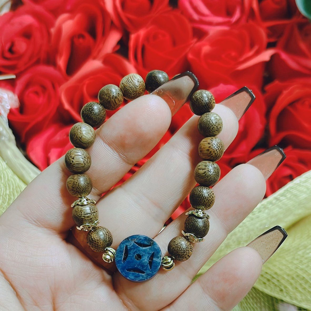 Vòng Tay Trầm Hương Tốc Phối Xu Kim Tiền Đá Lapiz Thiên Thanh Thiên Nhiên - Thắng Giang - Ảnh 2