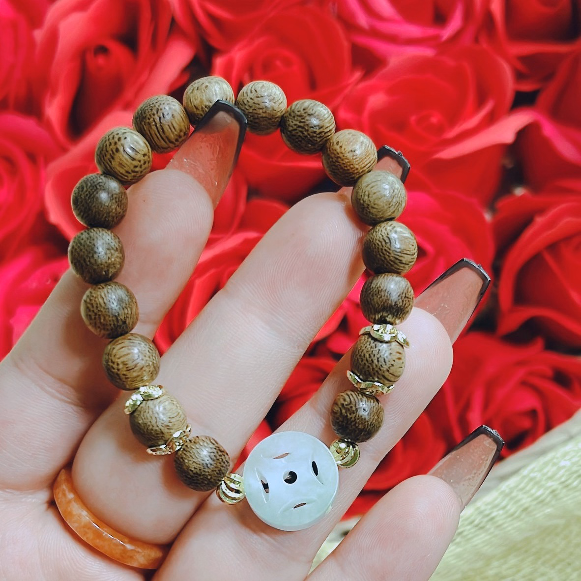 Vòng Tay Trầm Hương Tốc Phối Xu Ngọc Cẩm Thạch Trắng Thiên Nhiên - Thắng Giang - Ảnh 4