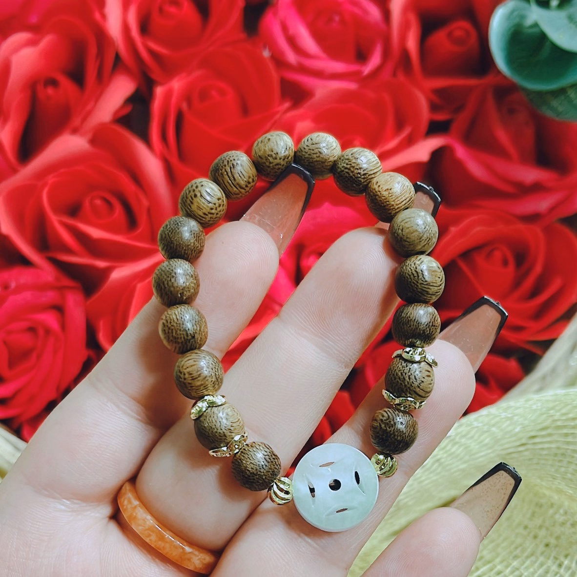 Vòng Tay Trầm Hương Tốc Phối Xu Ngọc Cẩm Thạch Trắng Thiên Nhiên - Thắng Giang - Ảnh 5