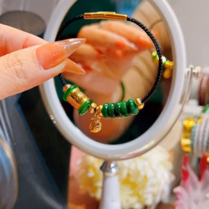 Vòng Tay Túi Tiền Vàng Tây 10 Kara Ngũ Điếu Ngọc Cẩm Thạch Sơn Thủy Thiên Nhiên - Thắng Giang