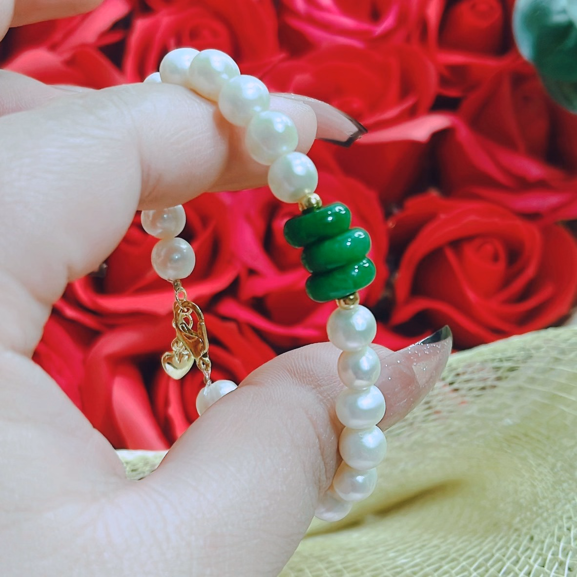 Vòng Tay Ngọc Trai 8 Ly Thiên Nhiên Phối Tam Điếu Ngọc Cẩm Thạch - Thắng Giang - Ảnh 4